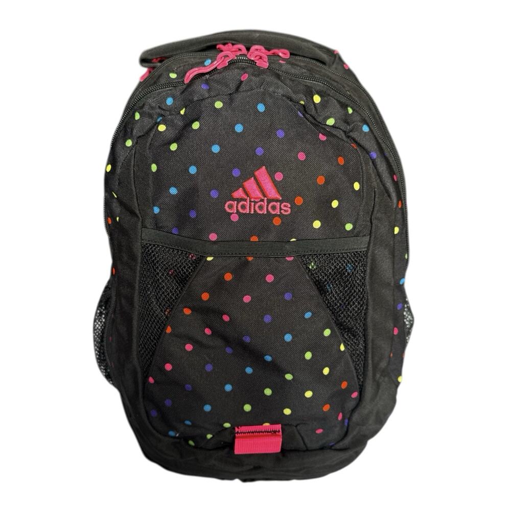 Adidas Dillon Backpack Polka Dot School Travel Black Pink Zippers Media Pockets - Picture 2 of 11